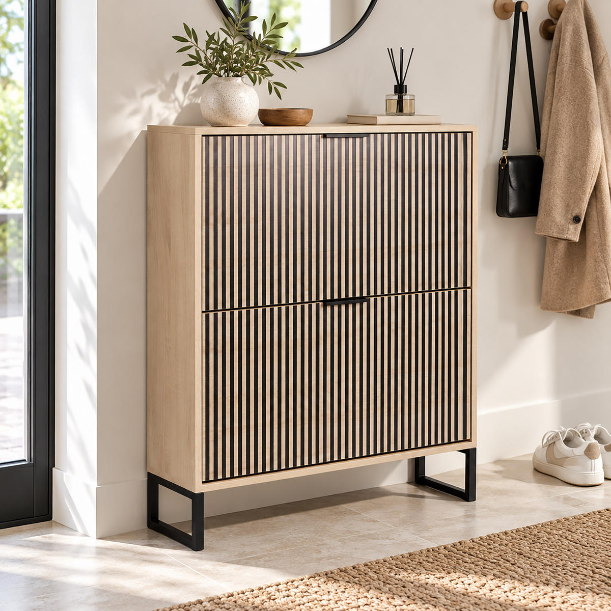 BOTNÍK prírodná čierna 2-výklopný MDF - svetlohnedá, kov/kompozitné drevo (80/96/24cm) - Relaxdays