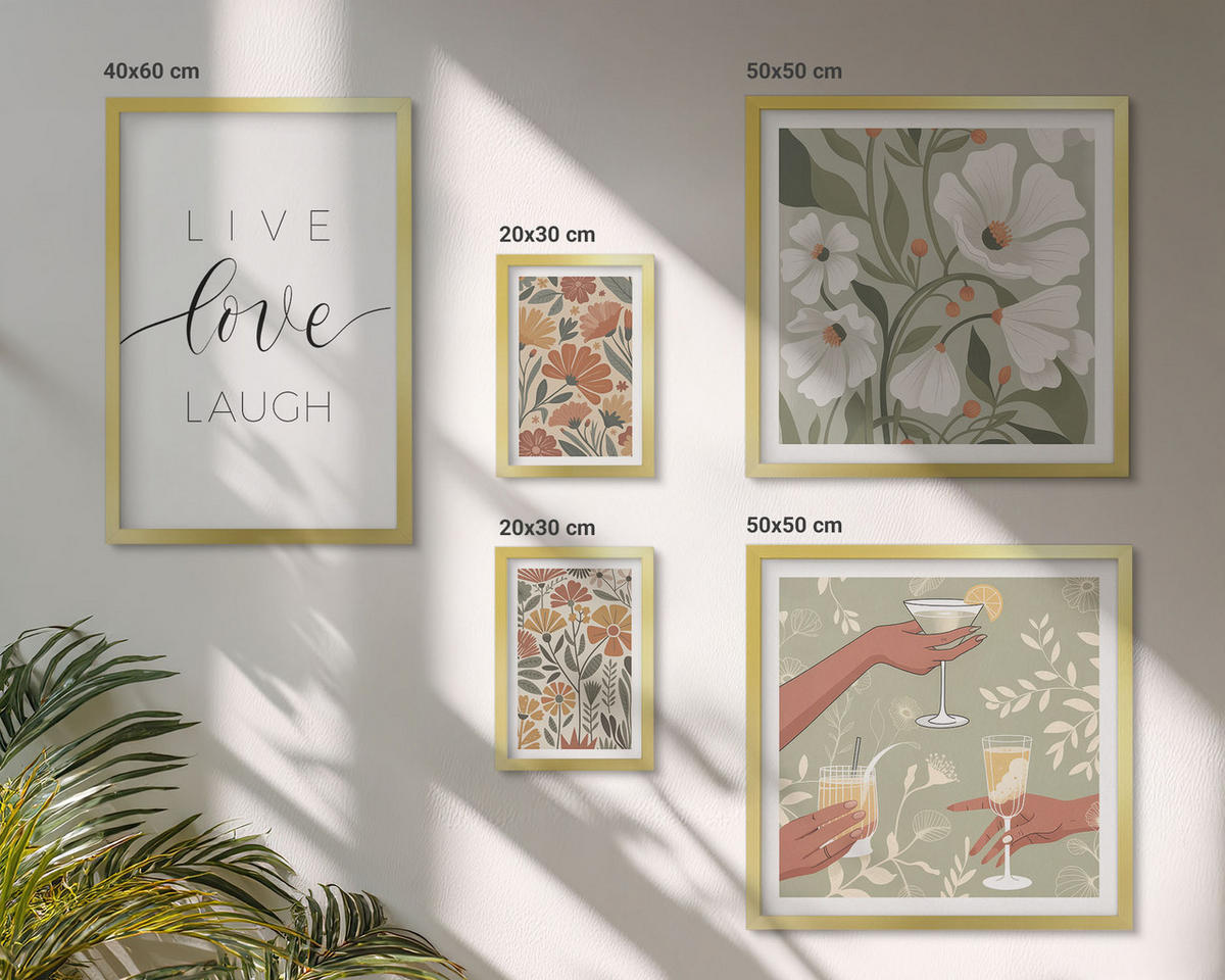 BILDER SET 5er Set - 50x50 cm & 20x30 cm & 40x60 cm Goldrahmen - Boho-Pflanzenmuster - Goldfarben, Kunststoff (40/60cm) - TULUP