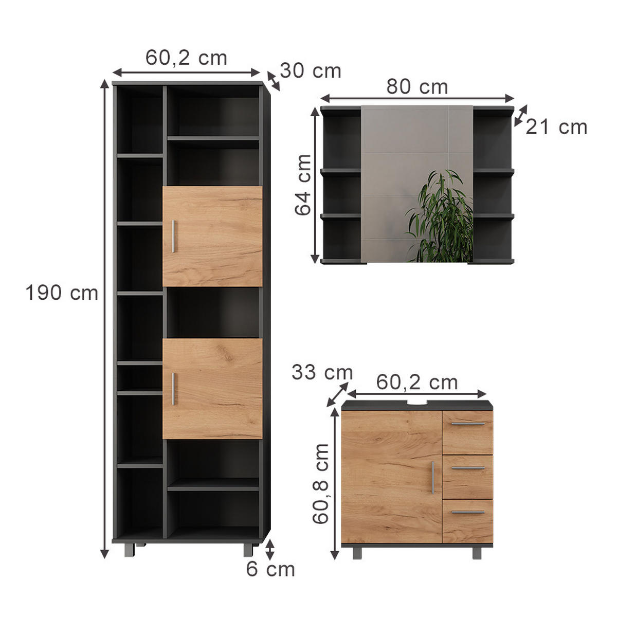 Honigeiche/Anthrazit, Holzwerkstoff (60.2/60.8/33cm) - Vicco