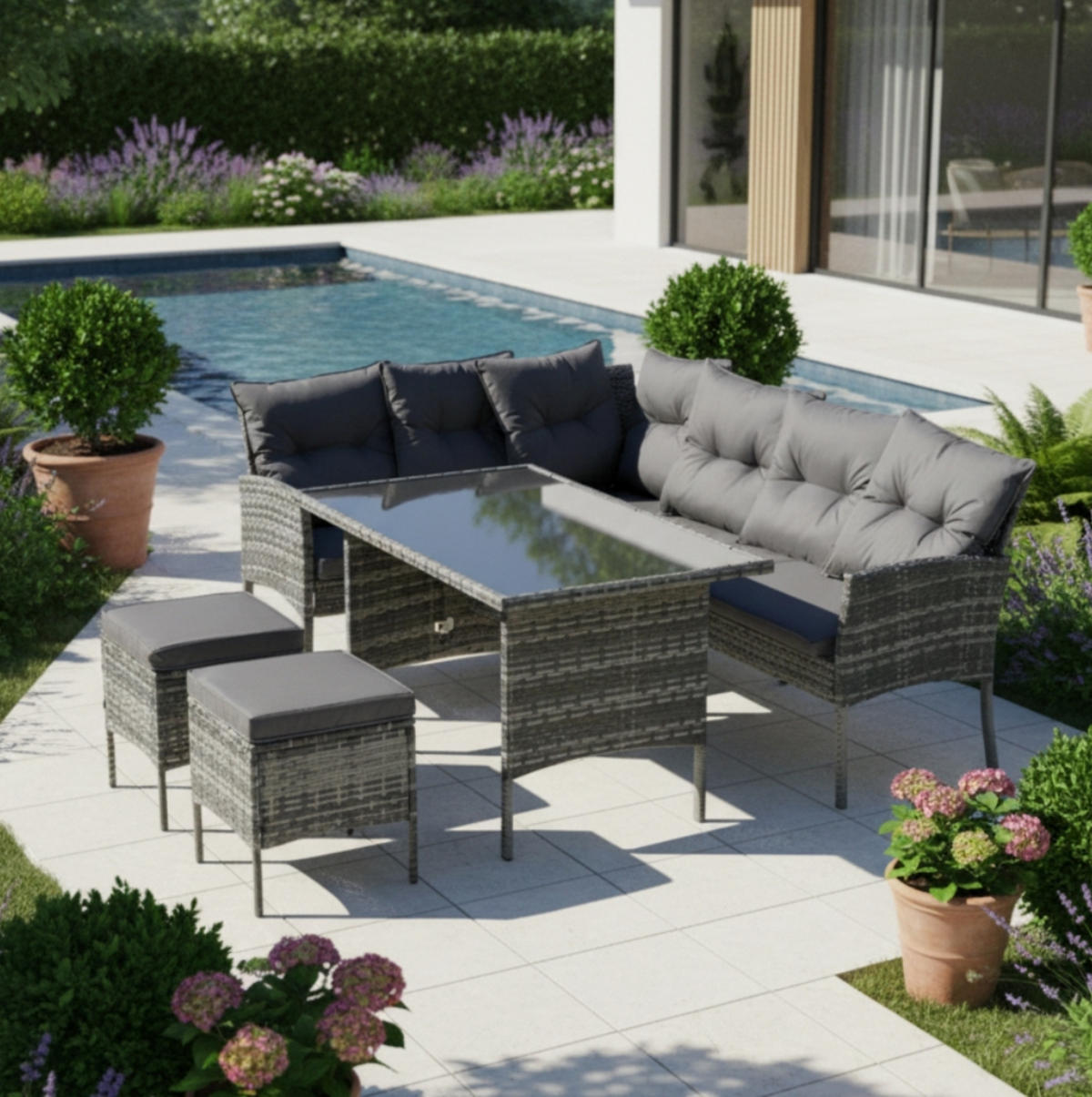 GARTENLOUNGE 195/51/78 cm grau aus PE-Rattan mit Tisch, Hockern und waschbaren Kissen - Grau, Metall - OKWISH