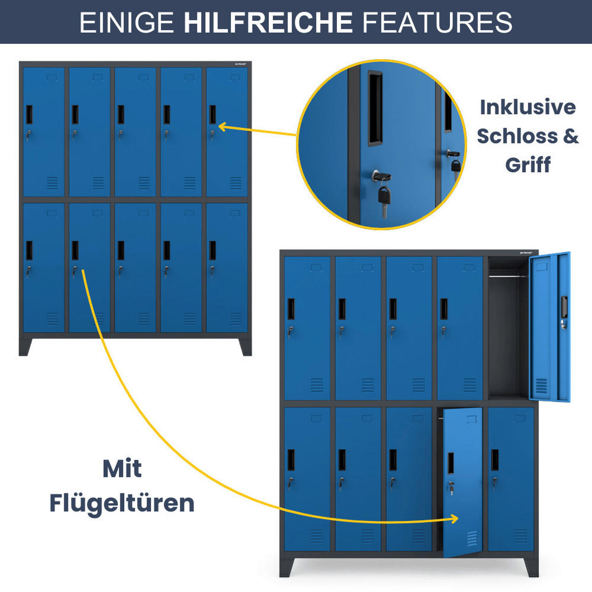 UMKLEIDESCHRANK Spind BERLIN 10 Abteile 172x136x45cm Anthrazit-Blau - Anthrazit, Metall (136/172/45cm) - DELUKE