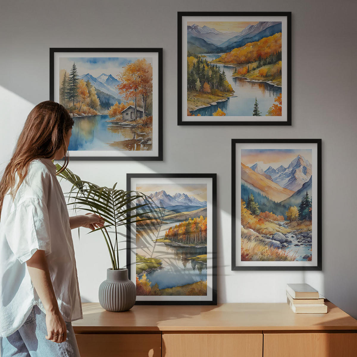 WANDBILDER 4er-Set - 50x50 cm & 40x60 cm Schwarzer Rahmen - Bergblick, Fluss, Herbst - Schwarz, Kunststoff (50/50cm) - ArtPrintCave