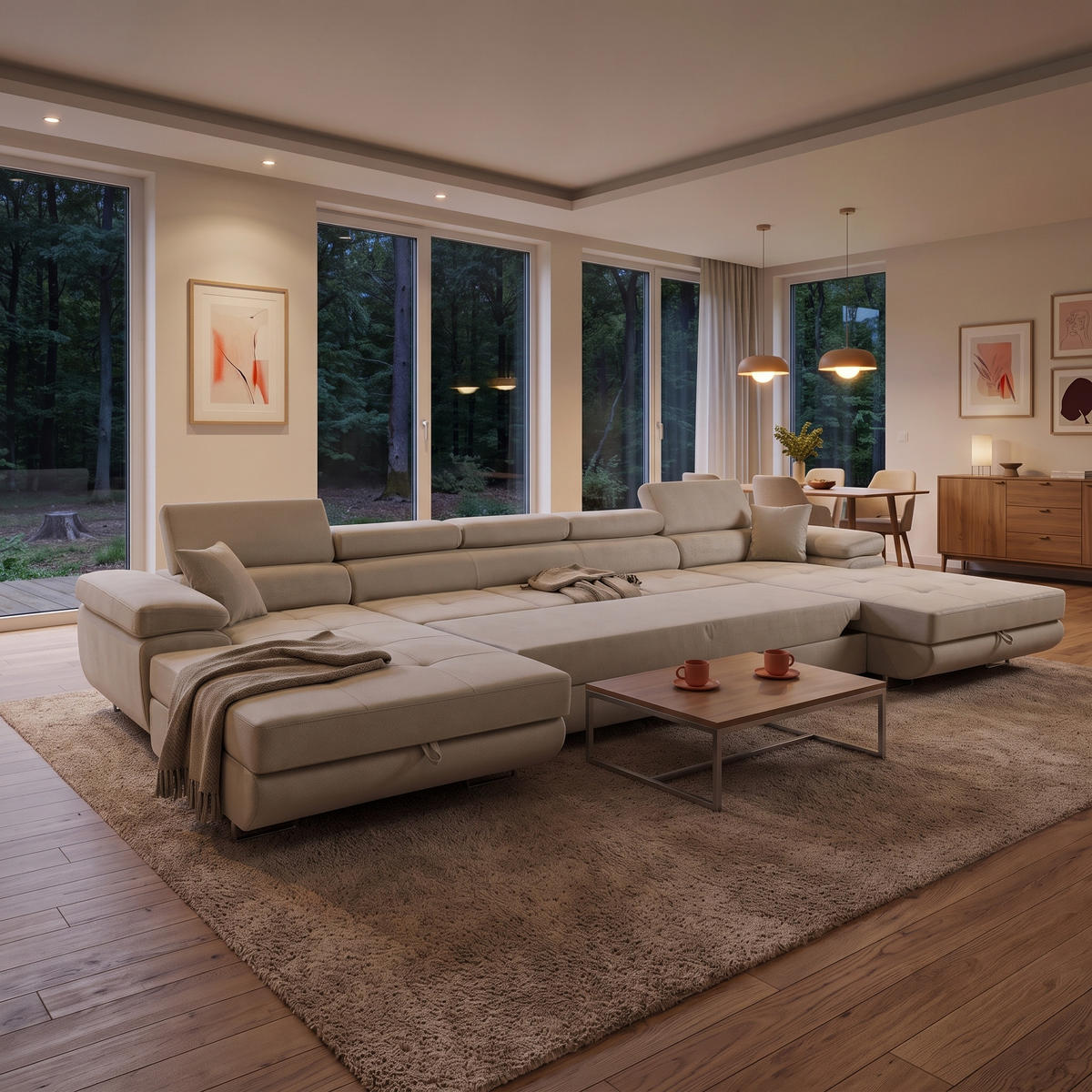 ECKSOFA U-Form ALONZO MAXI U mit Schlaffunktion 125x318 Velours Beige - Beige/Silberfarben, Holz/Textil (400/90/203cm) - Muffo