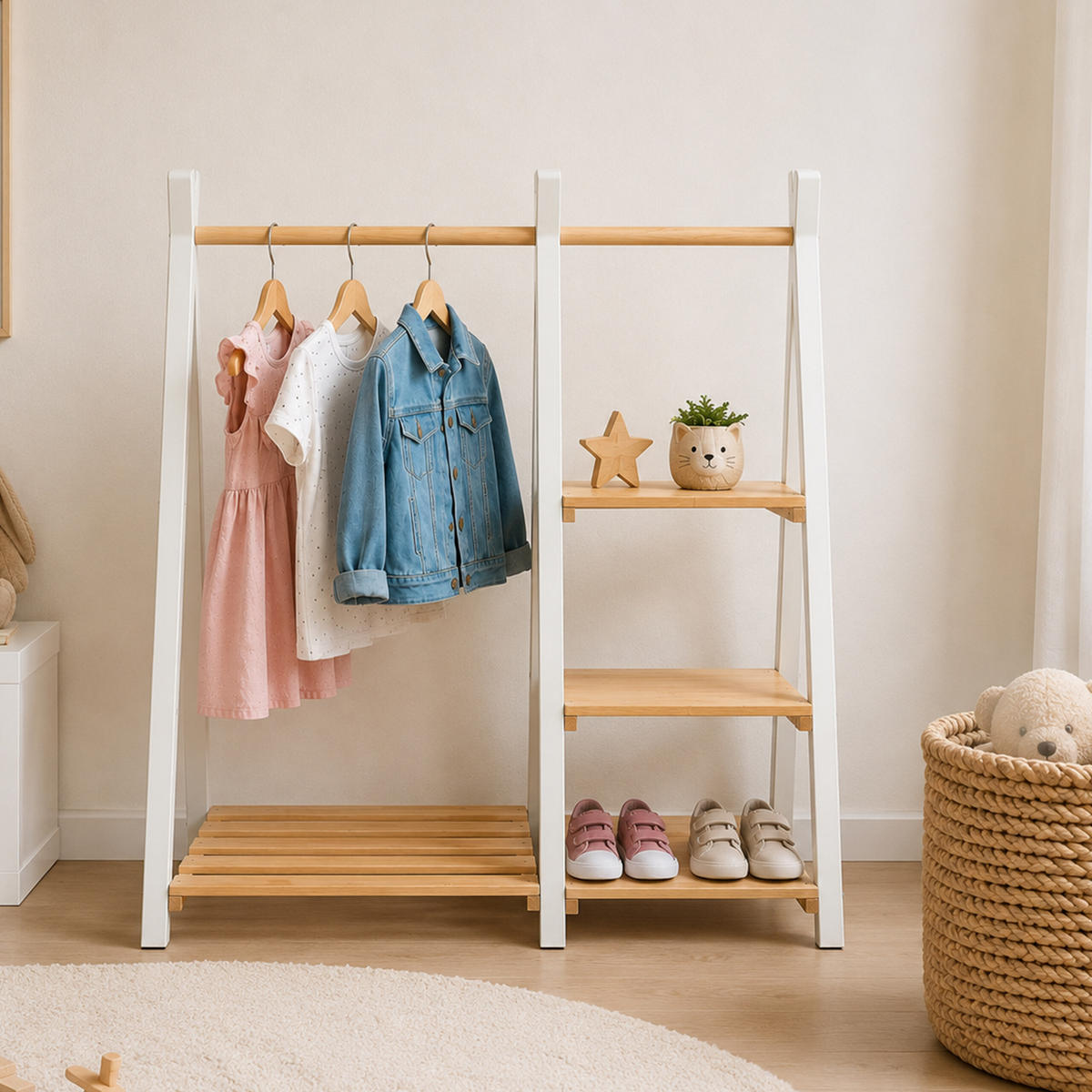 KLEIDERSTÄNDER Natur-Weiß mit Regal Kinder - Hellbraun, Holz (112/111.5/48cm) - Relaxdays