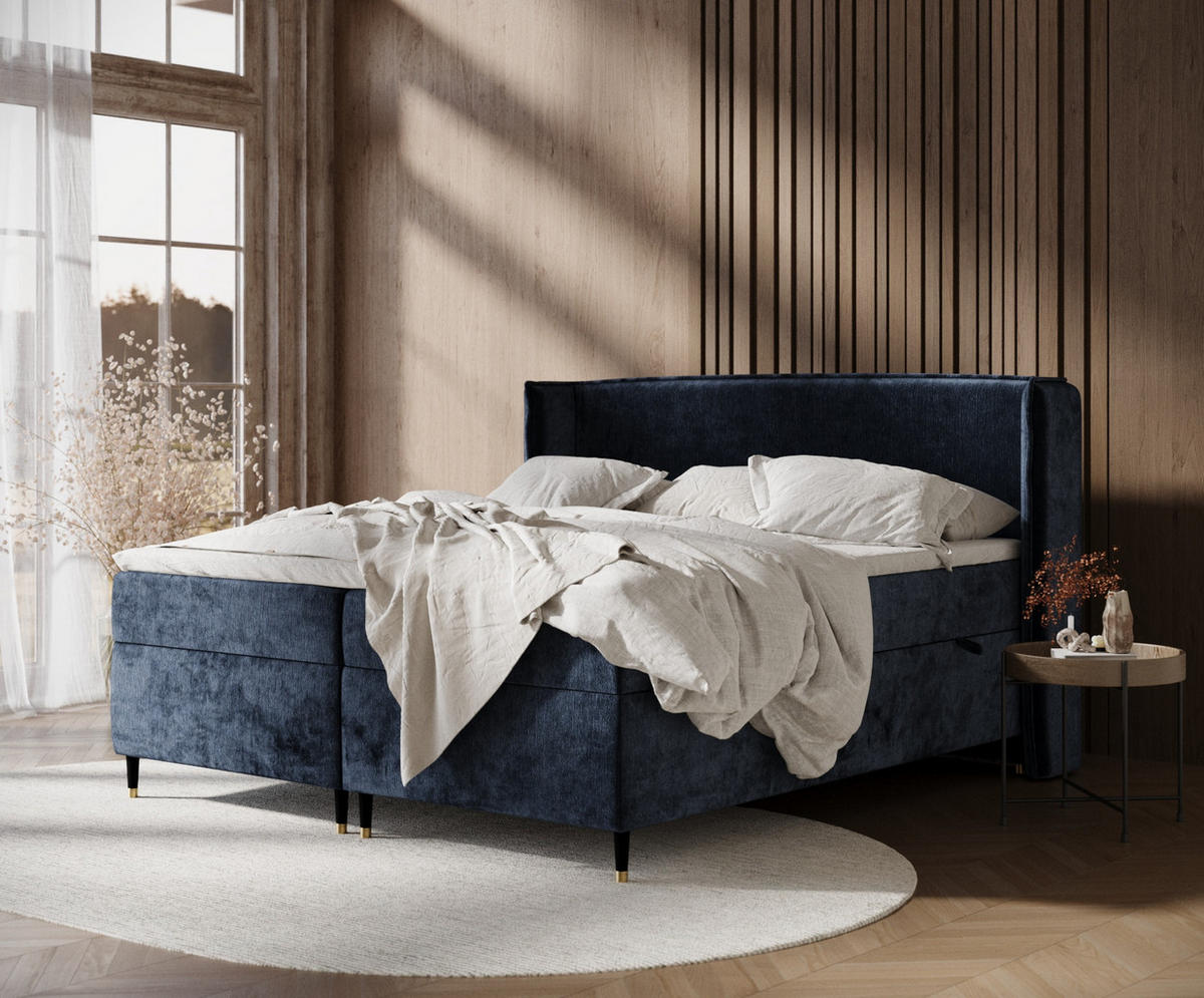 BOXSPRINGBETT Segni Marineblau 180/200 cm mit Matratze und Topper - Schwarz/Dunkelblau, Holz/Holzwerkstoff (180/200cm) - Maison de Reve