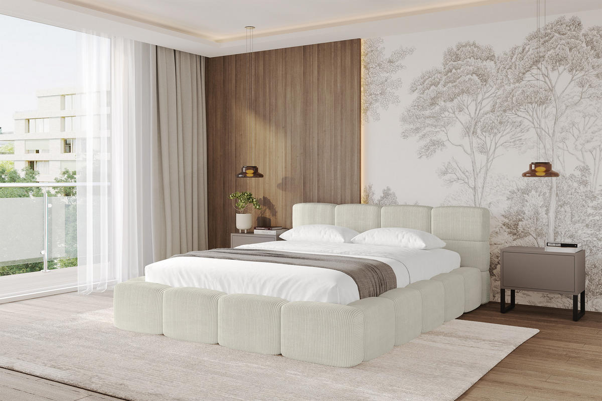 POLSTERBETT mit Bettkasten und Lattenrost, Bett mit Matratze H3/H4, Kopfteil, Boxbett, Doppelbett mit Stauraum - NATA-v1 200x200 Creme - Ecru, Holzwerkstoff/Textil (200/200cm) - ALTDECOR