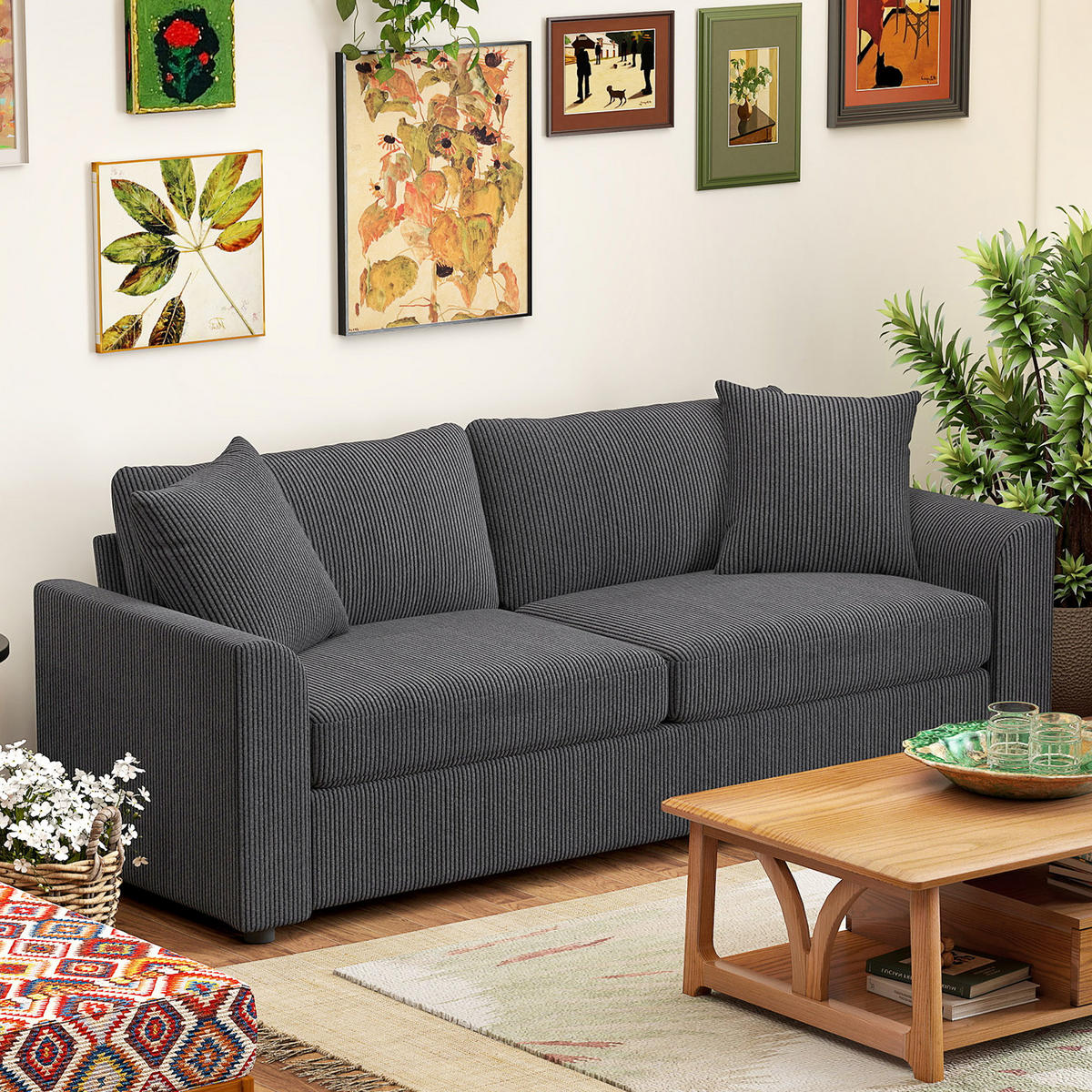 SOFA, 3-Sitzer, Cord, breit, Zierkissen, dunkelgrau, 212cm - Multicolor, Holzwerkstoff (212/88/80cm) - FORIOUS