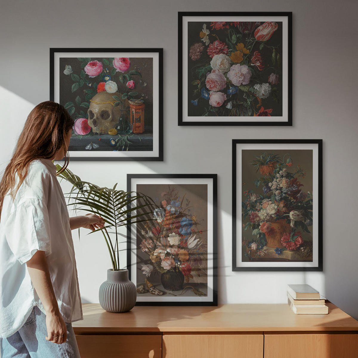 BILDER SET 4er Set - 50x50 cm & 40x60 cm Schwarzer Rahmen - Blumenarrangements in Vasen - Schwarz, Kunststoff (50/50cm) - TULUP