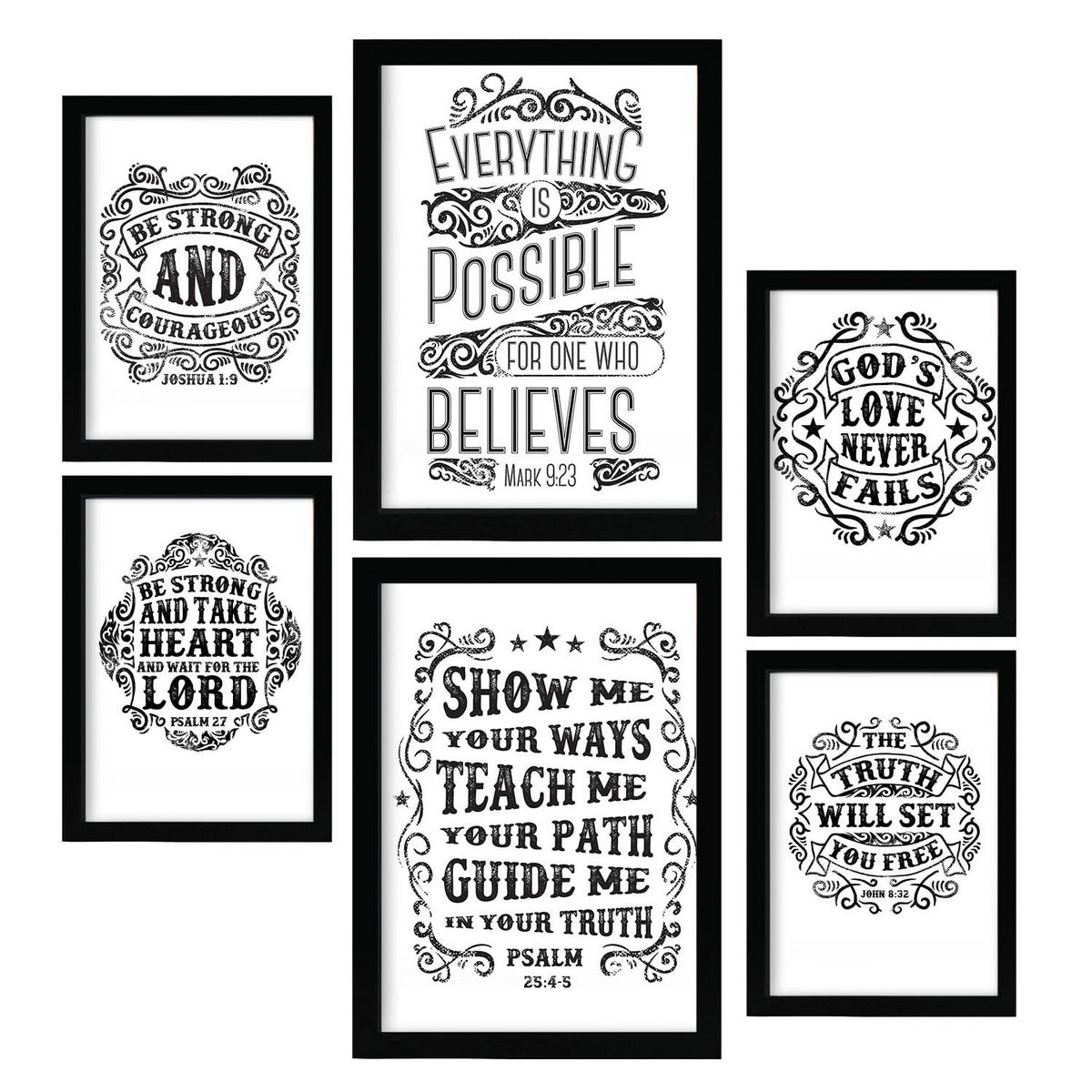 POSTER Set Mit 6 Biblisch In Rustikale Zitate A3 & A4 Schwarzer Rahmen - Schwarz, Papier (29/3cm) - Nacnic