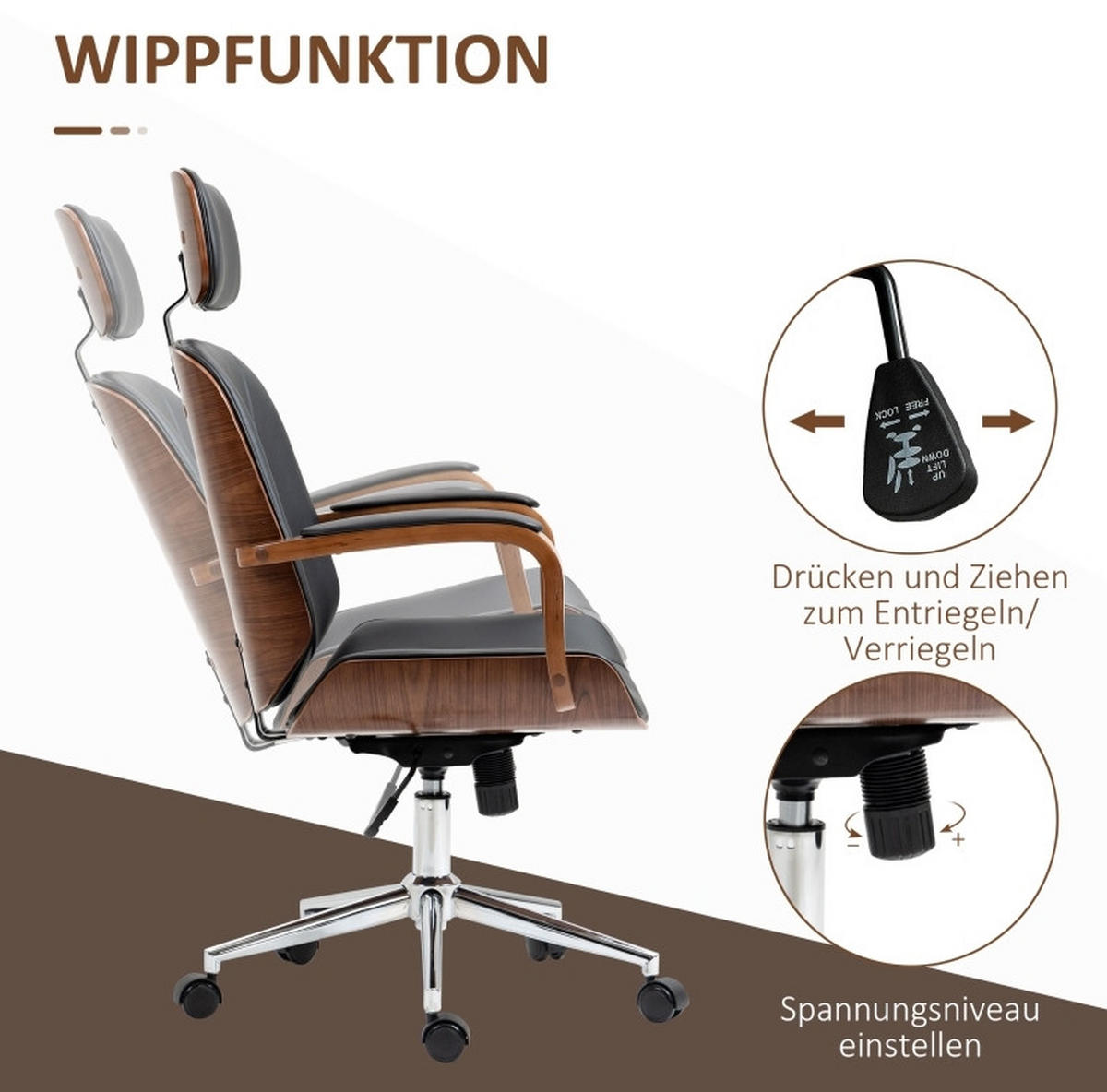 BÜROSTUHL ergonomisch höhenverstellbar 66 x 65 x 115-125 cm Kunstleder Schwarz - Schwarz, Kunststoff (65/125/66cm) - Meubliv