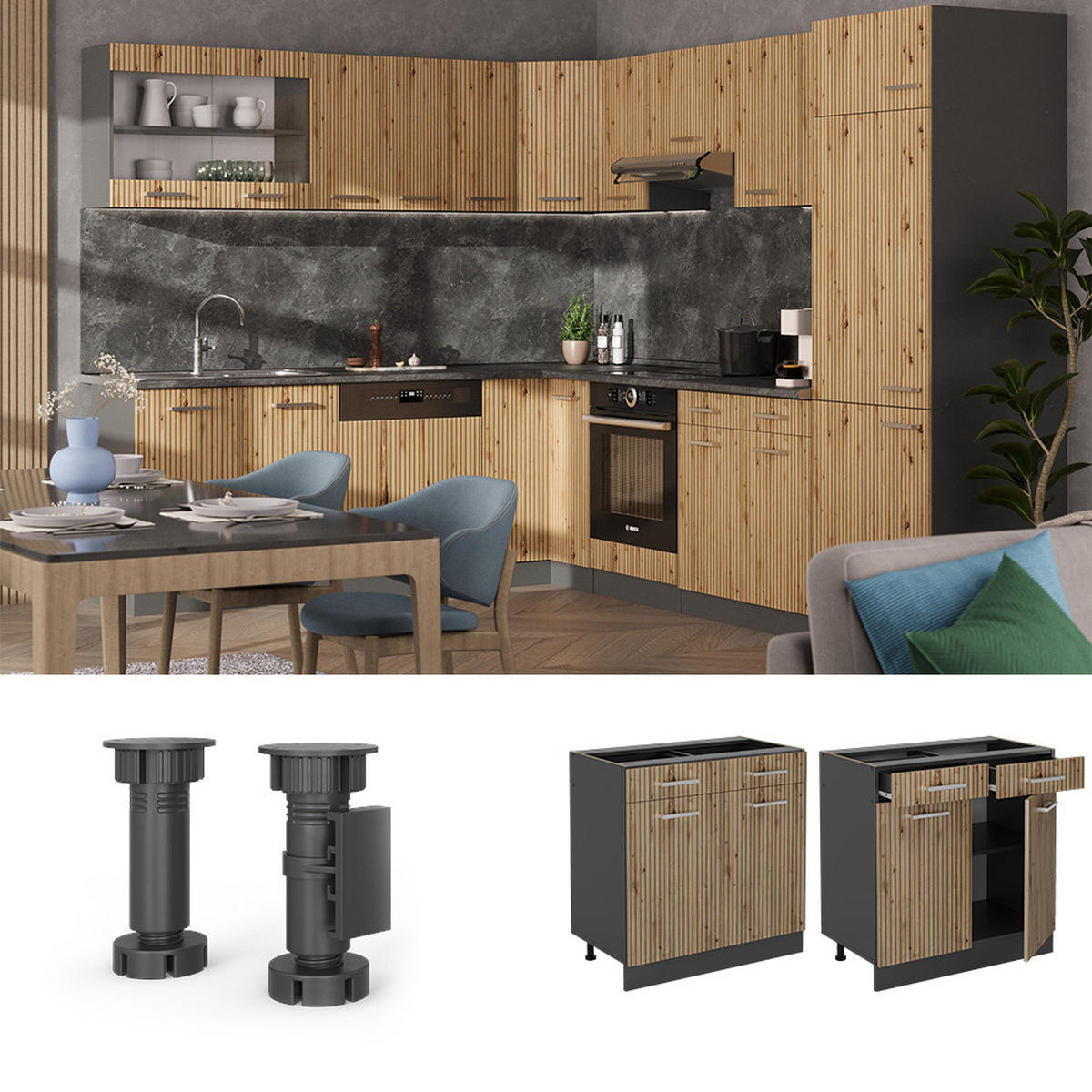 KÜCHENUNTERSCHRANK R-Line Artisan-Eiche 80 cm, AP Eiche - Anthrazit/Eiche Artisan, Holzwerkstoff (80/81.6/60cm) - Vicco