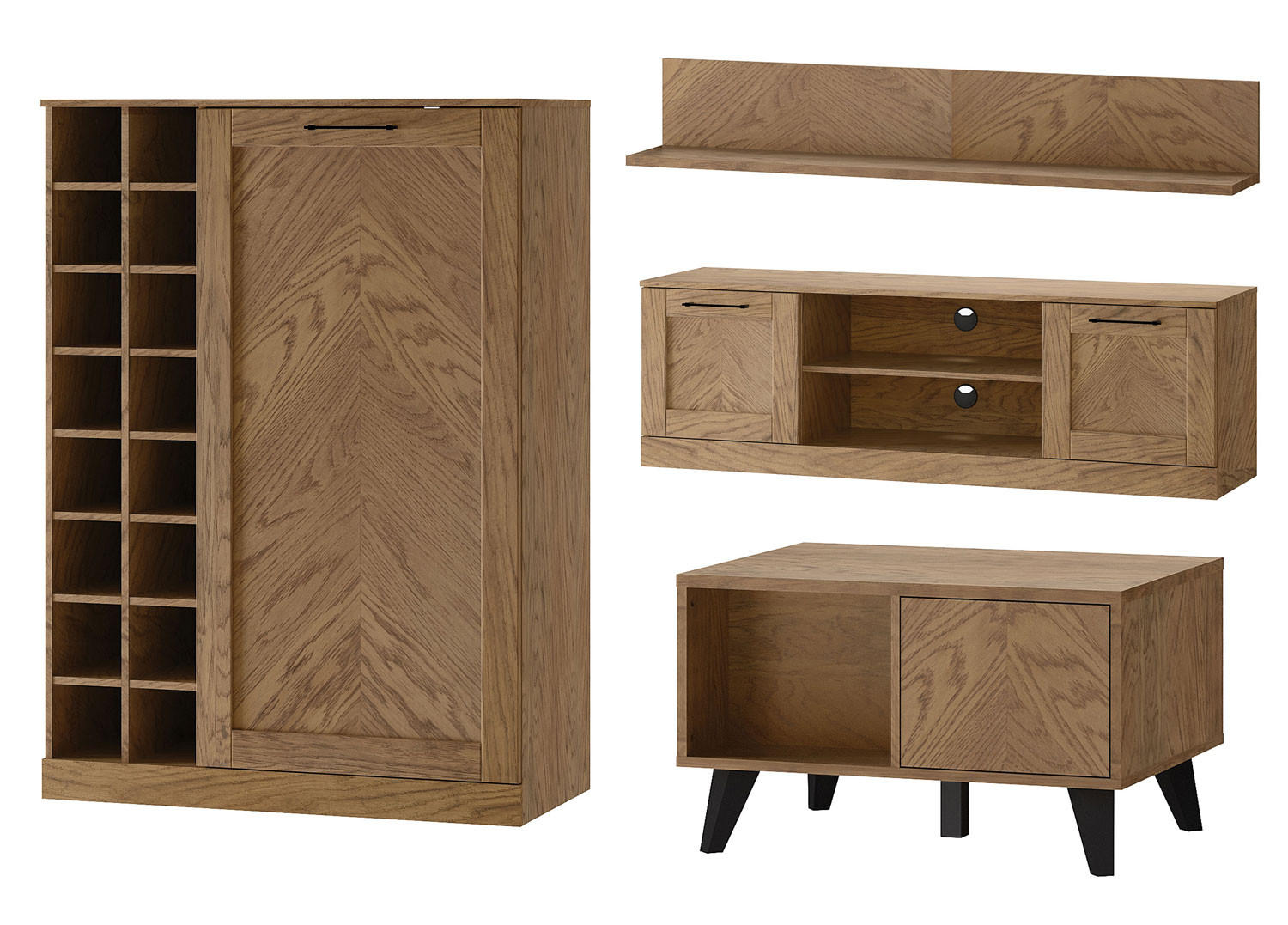 WOHNZIMMER-SET Cozy Eiche Rustikal 4-teilig - Eichefarben/Braun, Holz/Metall (260/140/60cm) - Feldmann-Wohnen