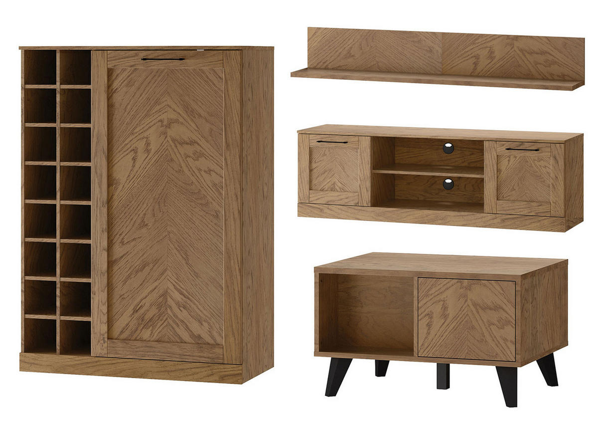 WOHNZIMMER-SET Cozy Eiche Rustikal 4-teilig - Eichefarben/Braun, Holz/Metall (260/140/60cm) - Feldmann-Wohnen