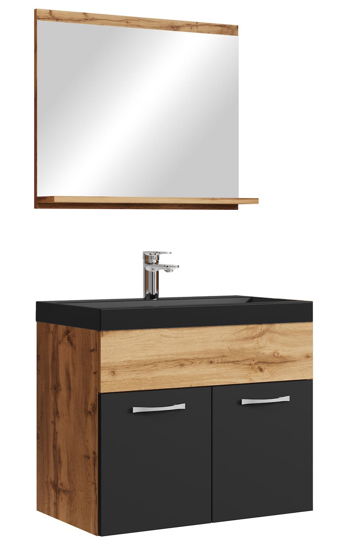 BADMÖBEL-SET Montreal 3 Teile Eiche / Schwarz - Schwarze Waschbecken - 60 x 35 x 51 cm - Eichefarben/Schwarz, Holz (60/51/35cm) - Badplaats