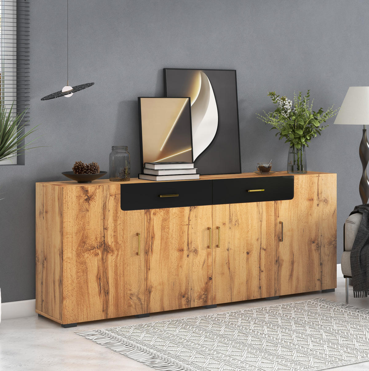 SIDEBOARD 208/39,5/80 cm, 2 Schubladen und 4 Türen, braun/weiß-marmoriertes Design, Spanplatte/MDF, braun/weiß - Braun, Holzwerkstoff (208/80/39.5cm) - Redom