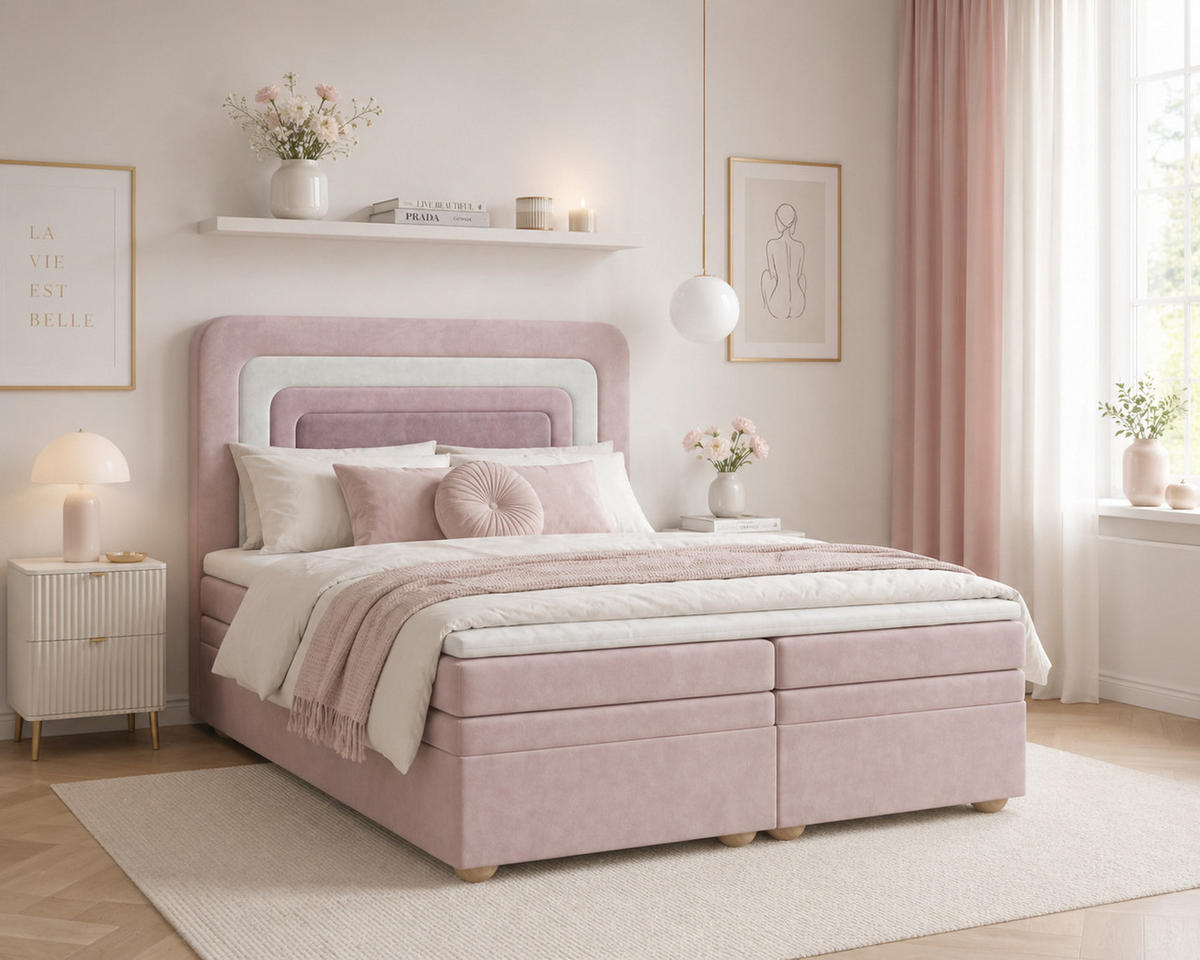 BOXBETT - Bett 10 NEST - Riviera - 140x200 cm - Modernes Polsterbett mit Bettkasten - Altrosa, Holz (140/200cm) - ROYAL24_MARKT