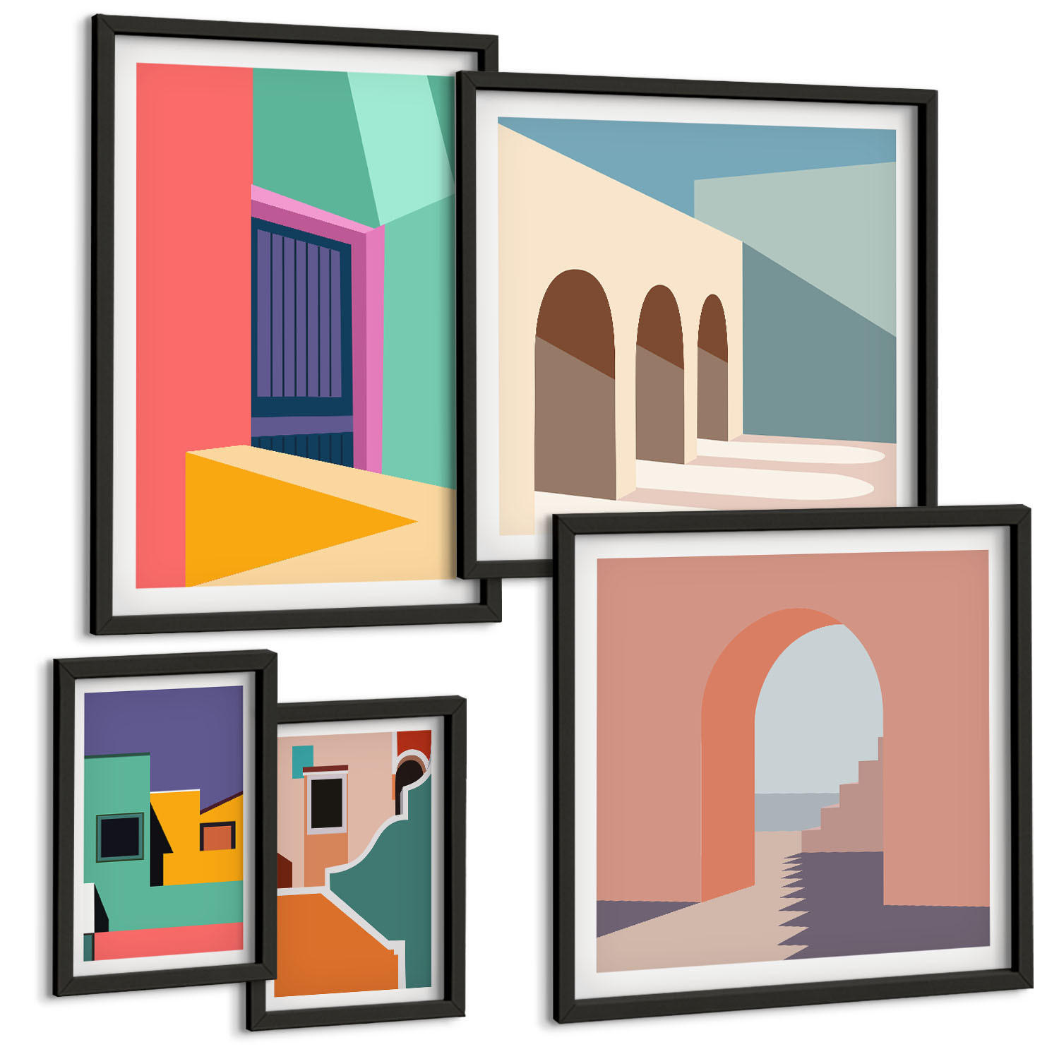 BILDER SET 5er Set - 50x50 cm & 20x30 cm & 40x60 cm Schwarzer Rahmen - Farbenfrohe Illustrationen der Stadt - Schwarz, Kunststoff (40/60cm) - TULUP