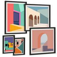 BILDER SET 5er Set - 50x50 cm & 20x30 cm & 40x60 cm Schwarzer Rahmen - Farbenfrohe Illustrationen der Stadt - Schwarz, Kunststoff (40/60cm) - TULUP