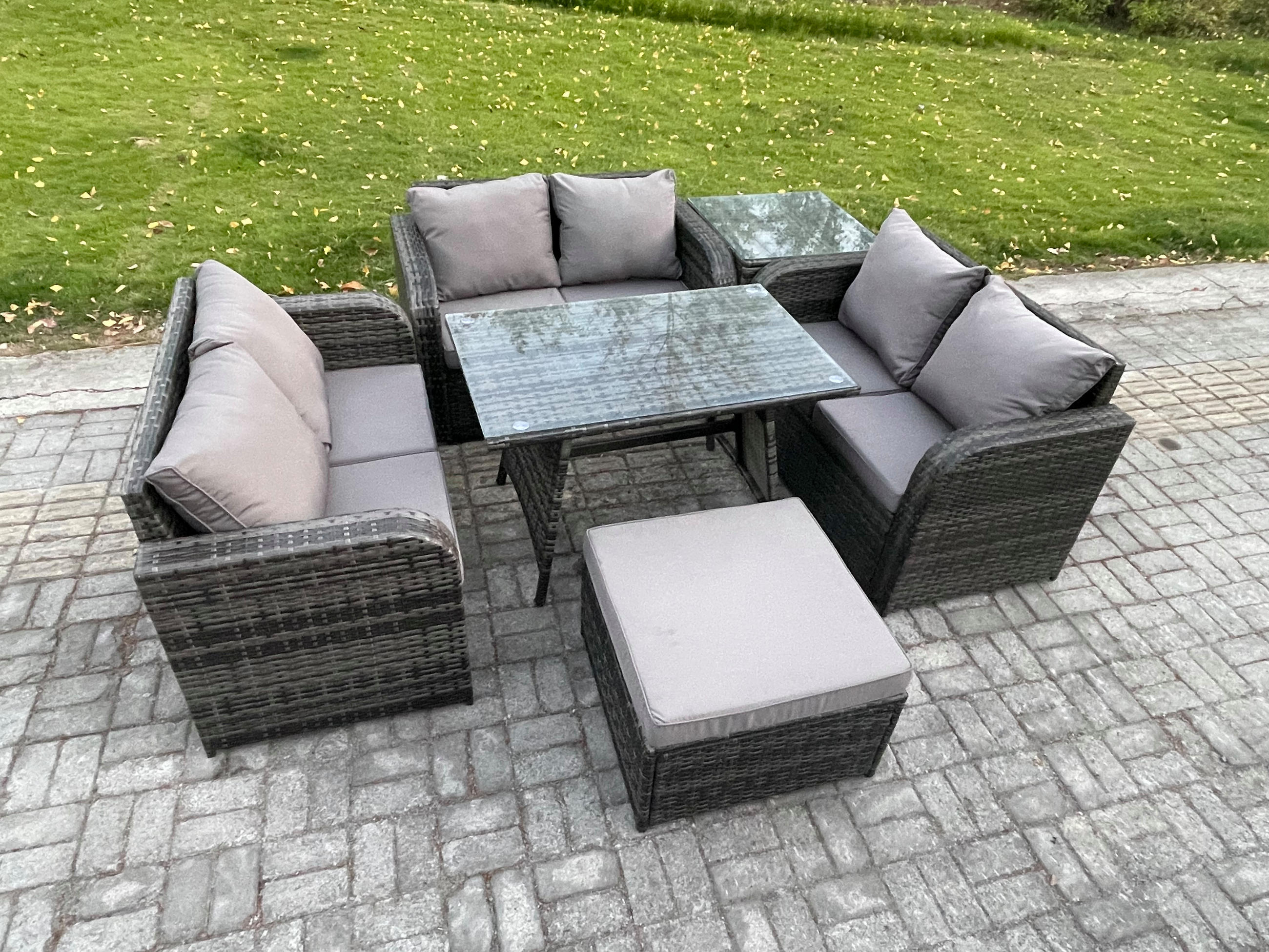 GARTENMÖBELSET mit ESSTISCH,SOFA Polyrattan 7-Sitzer - Dunkelgrau/Grau, Glas/Kunststoff - Fimous