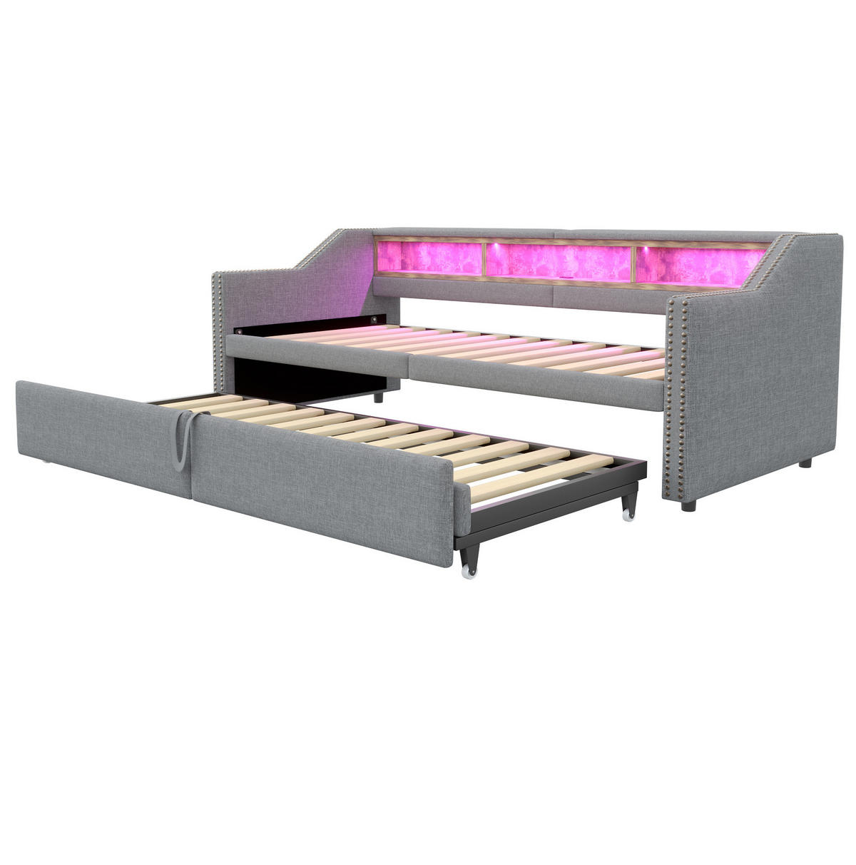 POLSTERBETT aus Leinen 90/180x200 cm Hellgrau mit Ausziehbett, LED, USB-Anschluss und Ablagefächern - Hellgrau, Textil (90/200cm) - Modfu