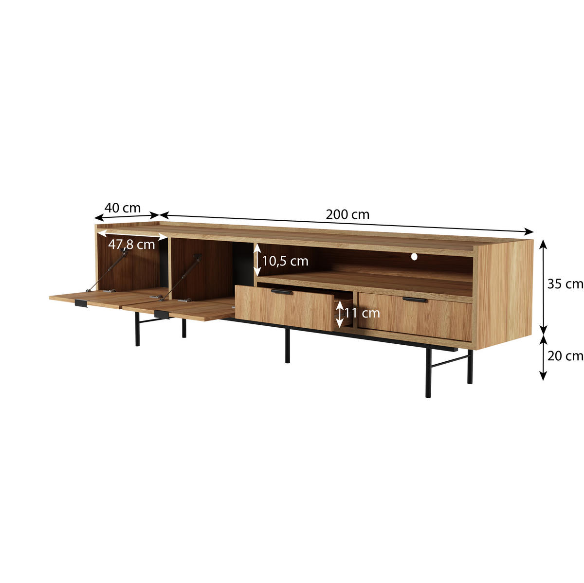 WOHNWAND Evron 2-teilig Bücherregal 90 cm + TV-Board 200 cm, Hikora Eiche - Eichefarben/Schwarz, Holzwerkstoff/Metall (200/185/35cm) - Beautysofa