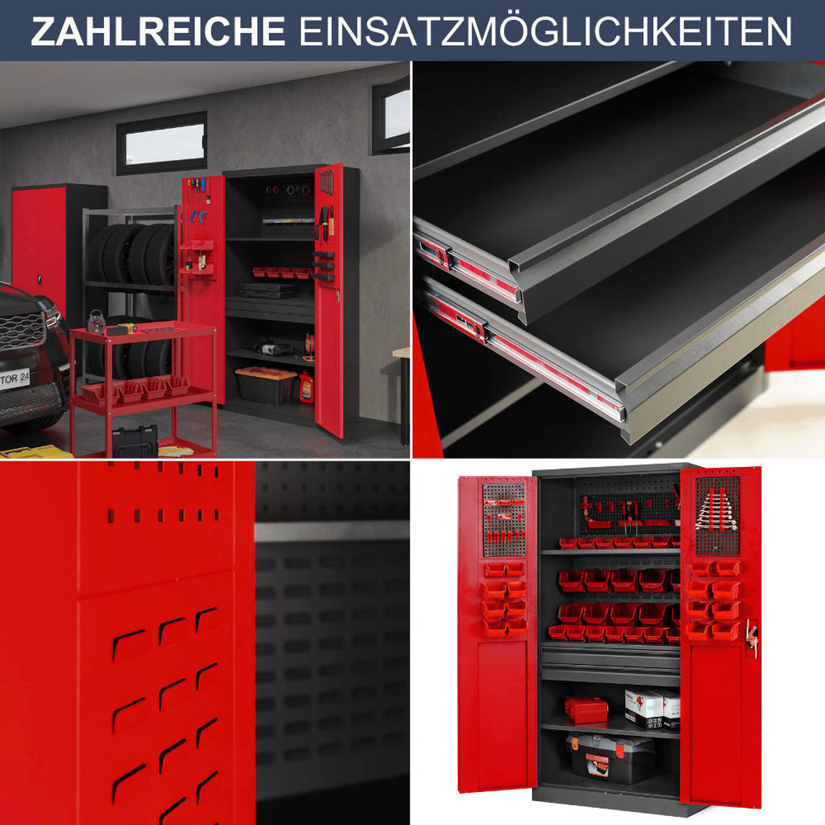 WERKZEUGSCHRANK mit Lochwand AESO 185x92x50cm Anthrazit-Rot - Anthrazit, Metall (92/185/50cm) - DELUKE