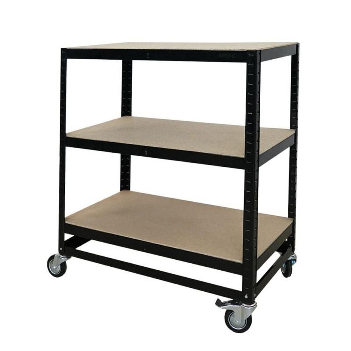 KOMMISSIONIERWAGEN BÜFFEL, 100x90x50cm, 3 Ebenen, Fachlast 50kg, 2X Lenkrollen & 2X Lenkrollen mit Feststellbremse, Schwarz - Schwarz, Metall (90/100/50cm) - PROREGAL