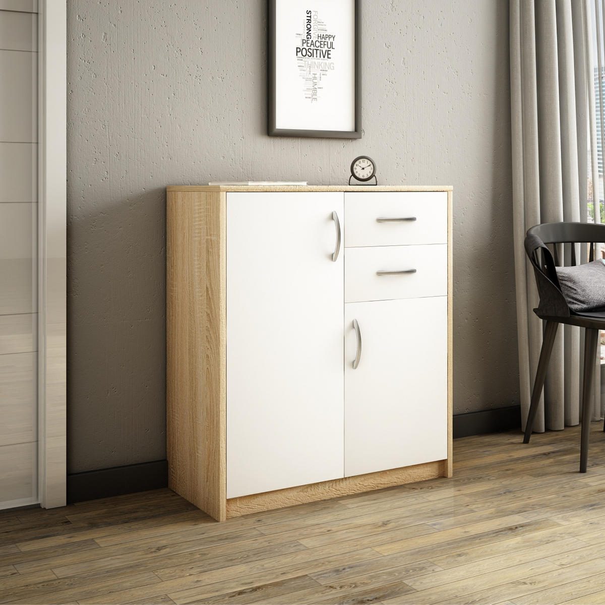KOMMODE mit 2 Schubladen und 2 Türen - Eichefarben/Weiß, Holzwerkstoff (74/85/35cm) - Home Collective