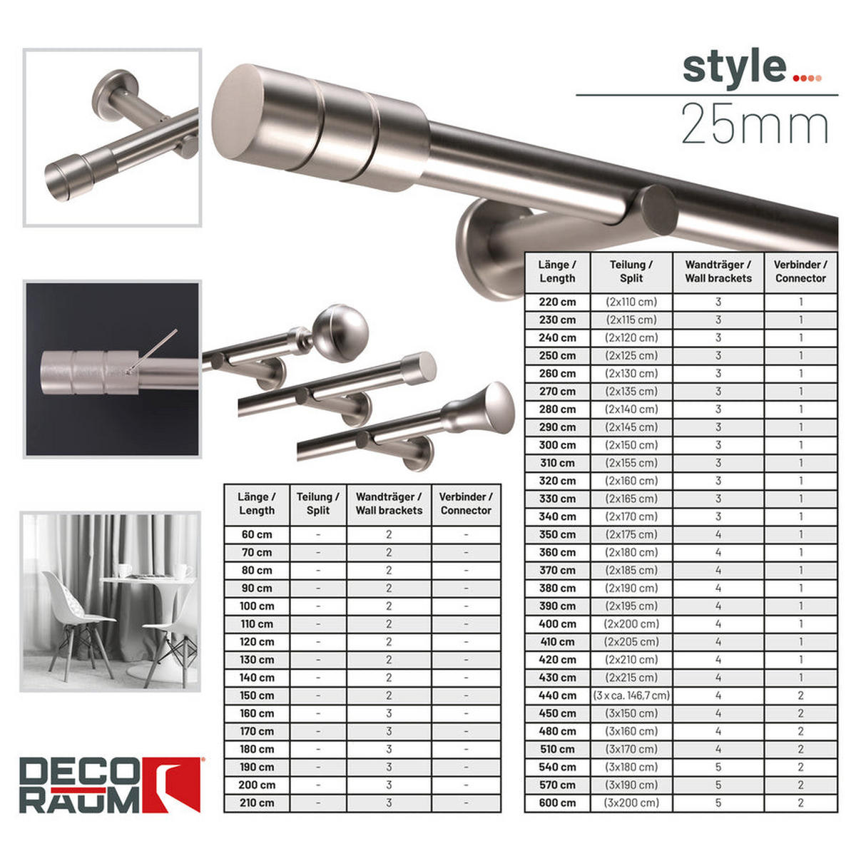 GARNÍŽOVÁ tyč na mieru 1 koľajnicová nástenná montáž valec 60 cm - strieborná, kov (60cm) - Deco-Raum