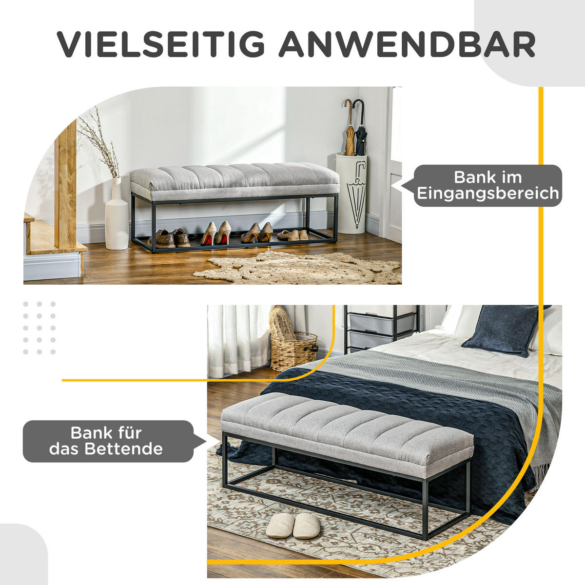 BETTBANK, für Wohnzimmer, bis 200 kg Belastbar, Stahl, Hellgrau - Hellgrau, Kunststoff (44/45.5/120cm) - HOMCOM