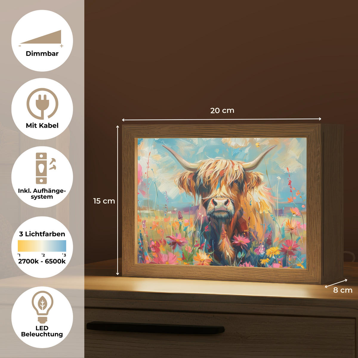 NÁSTĚNNÁ LAMPA Skotský horal - Příroda - Barevné - Květiny 20x15 cm - různobarevná, kompozitní dřevo (20/15/8cm) - OnlyWow