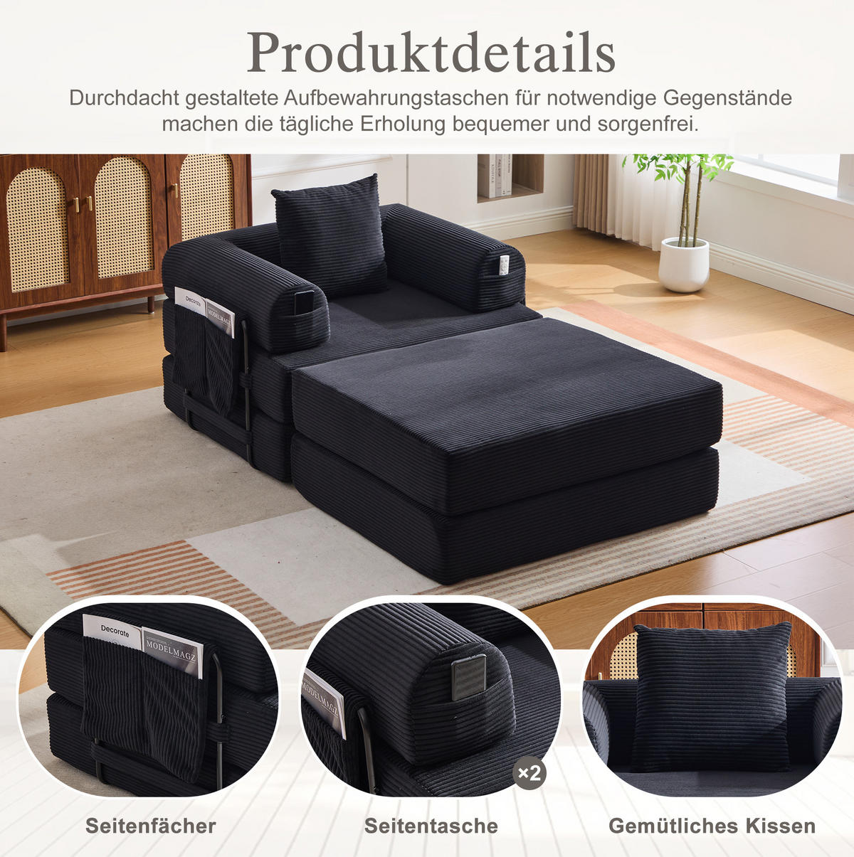 SCHLAFSOFA aus Cord 112x190x67 cm Schwarz mit Hocker, Seitentasche und Kissen - Schwarz, Textil (112/67/190cm) - Modfu