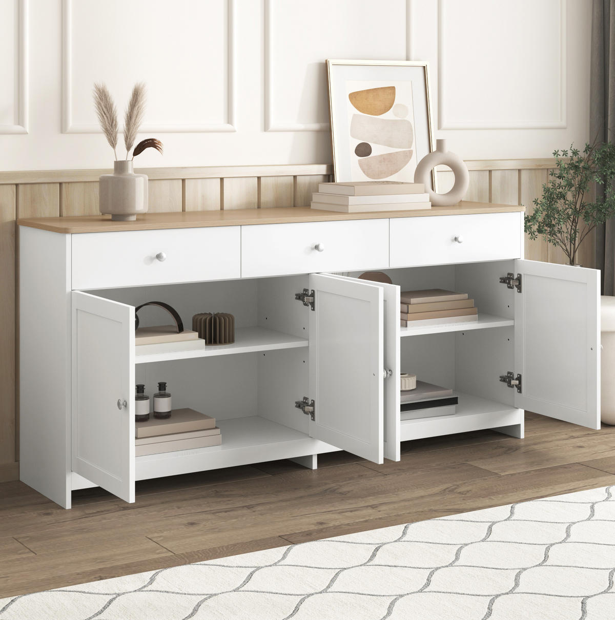 SIDEBOARD aus MDF 160x37x75 cm Weiß/Holzfarbe mit 3 Schubladen, 4 Türen und verstellbaren Einlegeböden - Weiß, Holzwerkstoff (160/75/37cm) - Modfu