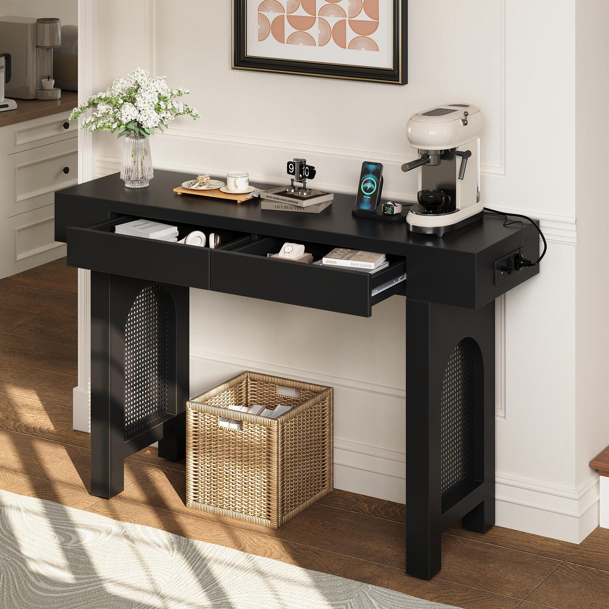 KONSOLENTISCH 120/35,5/76,5 cm schwarz aus MDF mit 2 Schubladen und Steckdosenleiste - Schwarz, Holzwerkstoff (120/35.5/76.5cm) - OKWISH