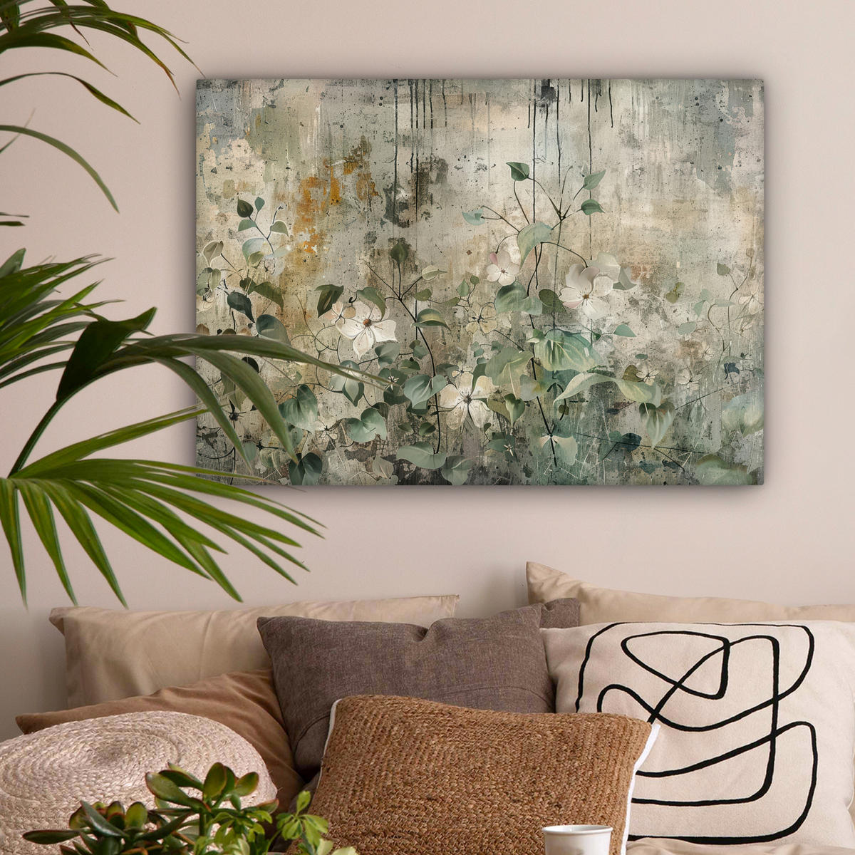 OBRAZ NA PLÁTNE Kvety - listy - abstraktné - moderné 80x60 cm - sivá, textil (80/60cm) - MuchoWow