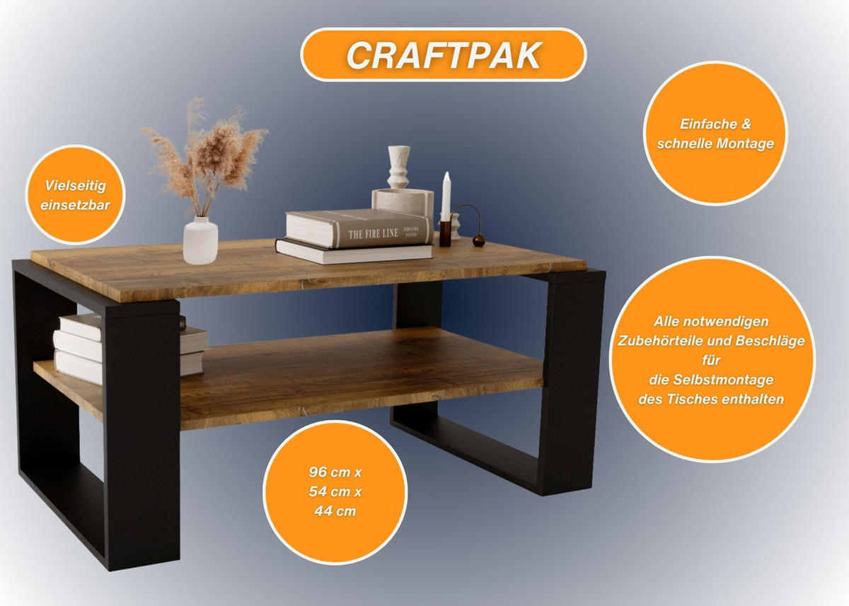 COUCHTISCH Holzwerkstoff rechteckig stabil Nussbaumfarben 42/54/96cm - Nussbaumfarben/Schwarz, Holzwerkstoff (53.8/96/42cm) - CraftPAK