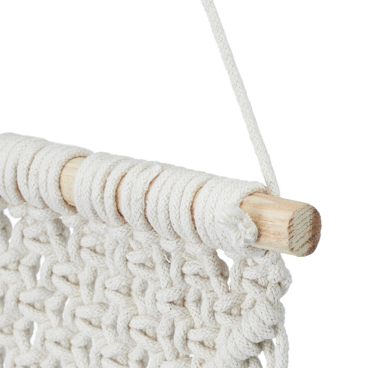 MAKRAMÉ nástenný záves - krémová, drevo/textil (25.5/1.5cm) - Relaxdays