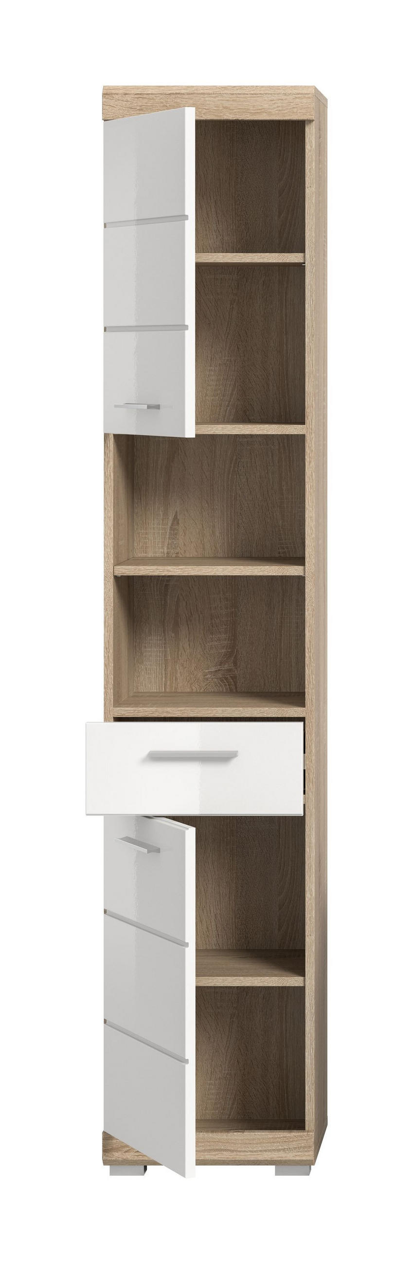 HOCHSCHRANK Samba Bad in Sonoma Eiche hell und weiß hochglanz B/H/T: 37x191x31 cm - Sonoma Eiche, Holzwerkstoff (37/191/31cm)