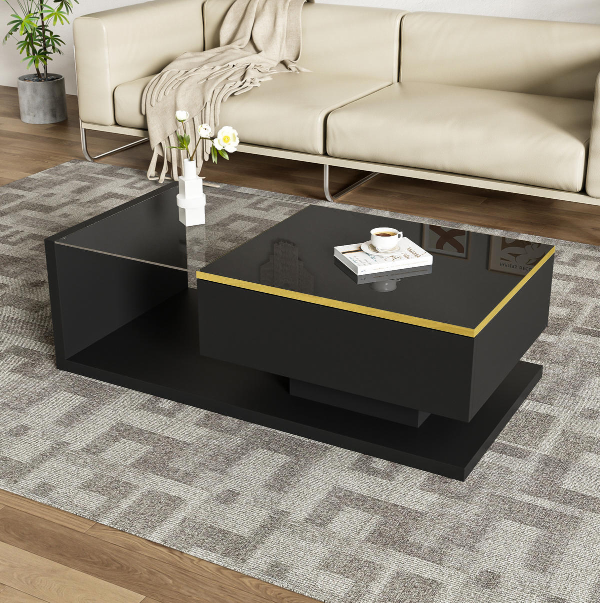 COUCHTISCH aus Spanplatte 100x50x32,5 cm Schwarz mit Glas, LED-Beleuchtung und Stauraum - Schwarz, Holzwerkstoff (100/50/32.5cm) - IVMEU