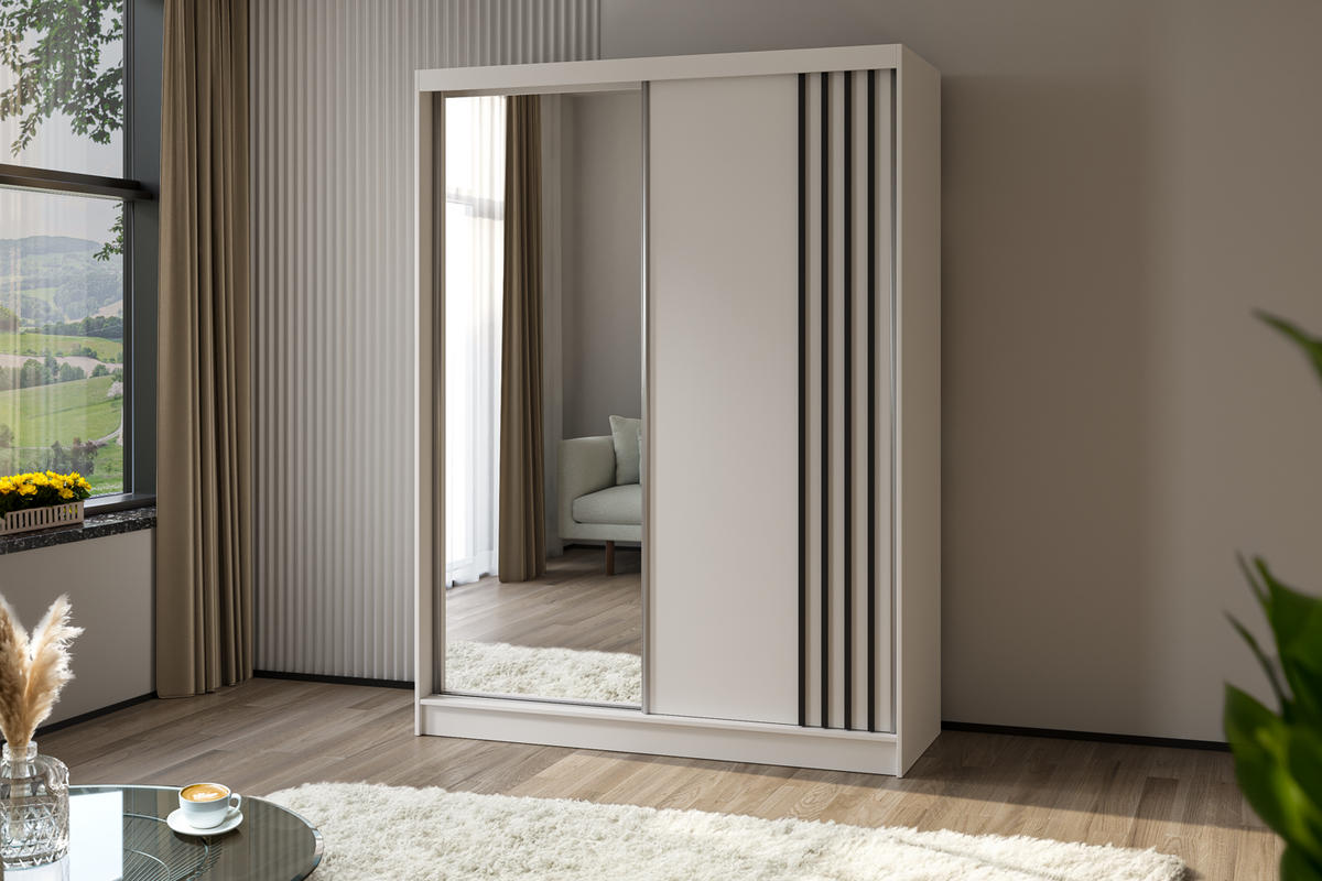 SCHWEBETÜRENSCHRANK Neli 160 cm mit Lamellen und Spiegel 2-türig, weiß, weiß, Lamelle schwarz - Schwarz/Weiß, Kunststoff (160/216/61cm) - Margaret Hadas24