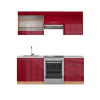 KÜCHENZEILE Fame-Line Bordeaux Hochglanz/Goldkraft Eiche 200 cm AP Marmor - Honigeiche/Bordeaux, Holzwerkstoff (200/81.6/60cm) - Vicco