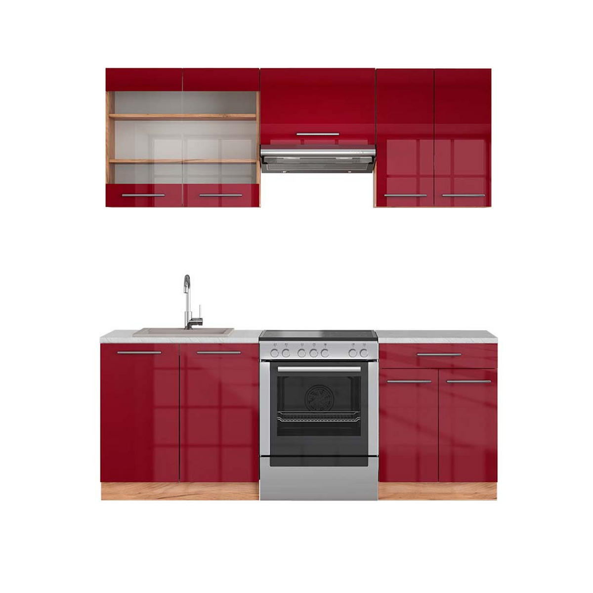 KÜCHENZEILE Fame-Line Bordeaux Hochglanz/Goldkraft Eiche 200 cm AP Marmor - Honigeiche/Bordeaux, Holzwerkstoff (200/81.6/60cm) - Vicco