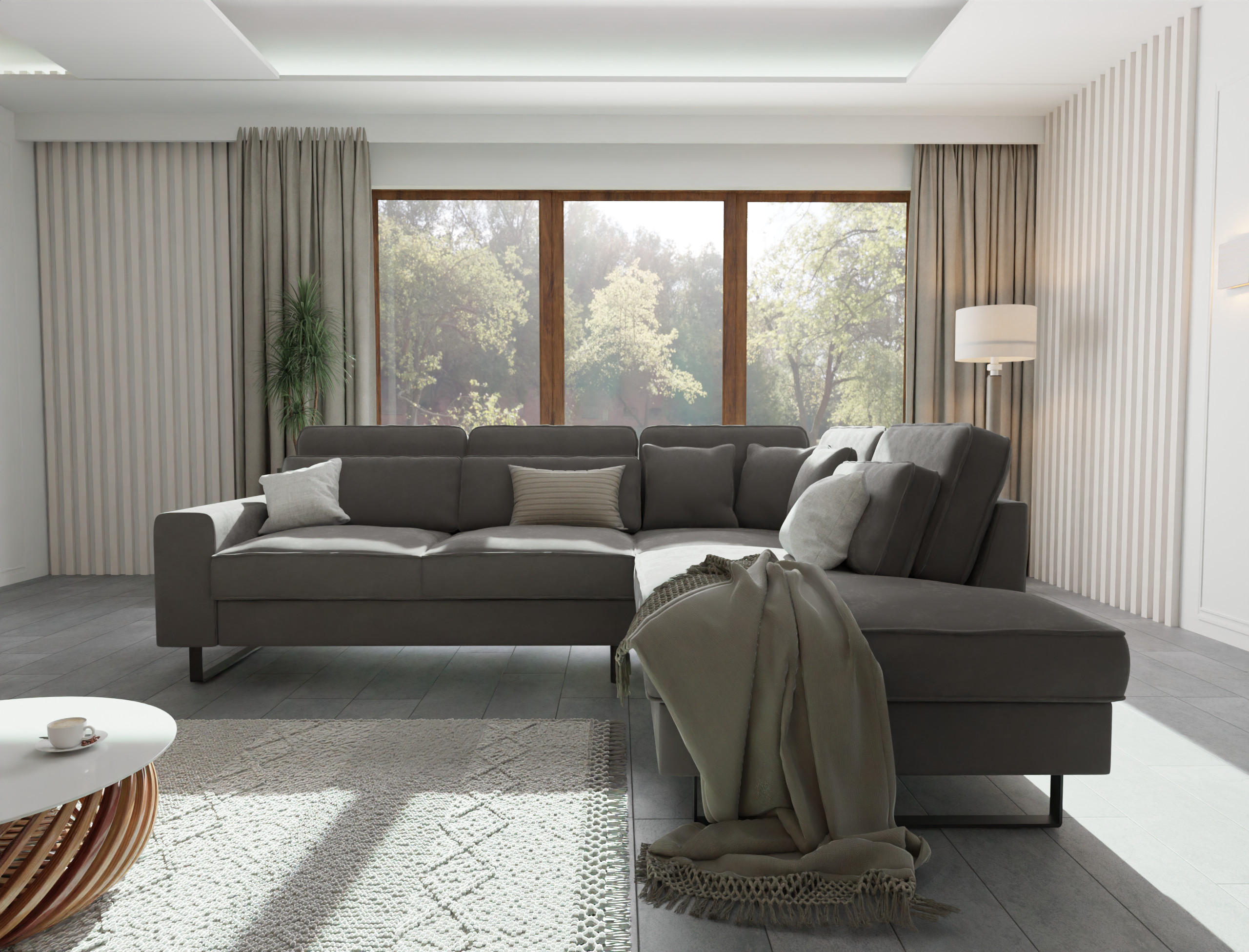 Thumbnail - S-Style Möbel Ecksofa, Grau, Textil, Echtholz,Buche, Birke, 6-Sitzer, Füllung: Silikon,Silikon, L-Form, Eckteil, Ottoman...