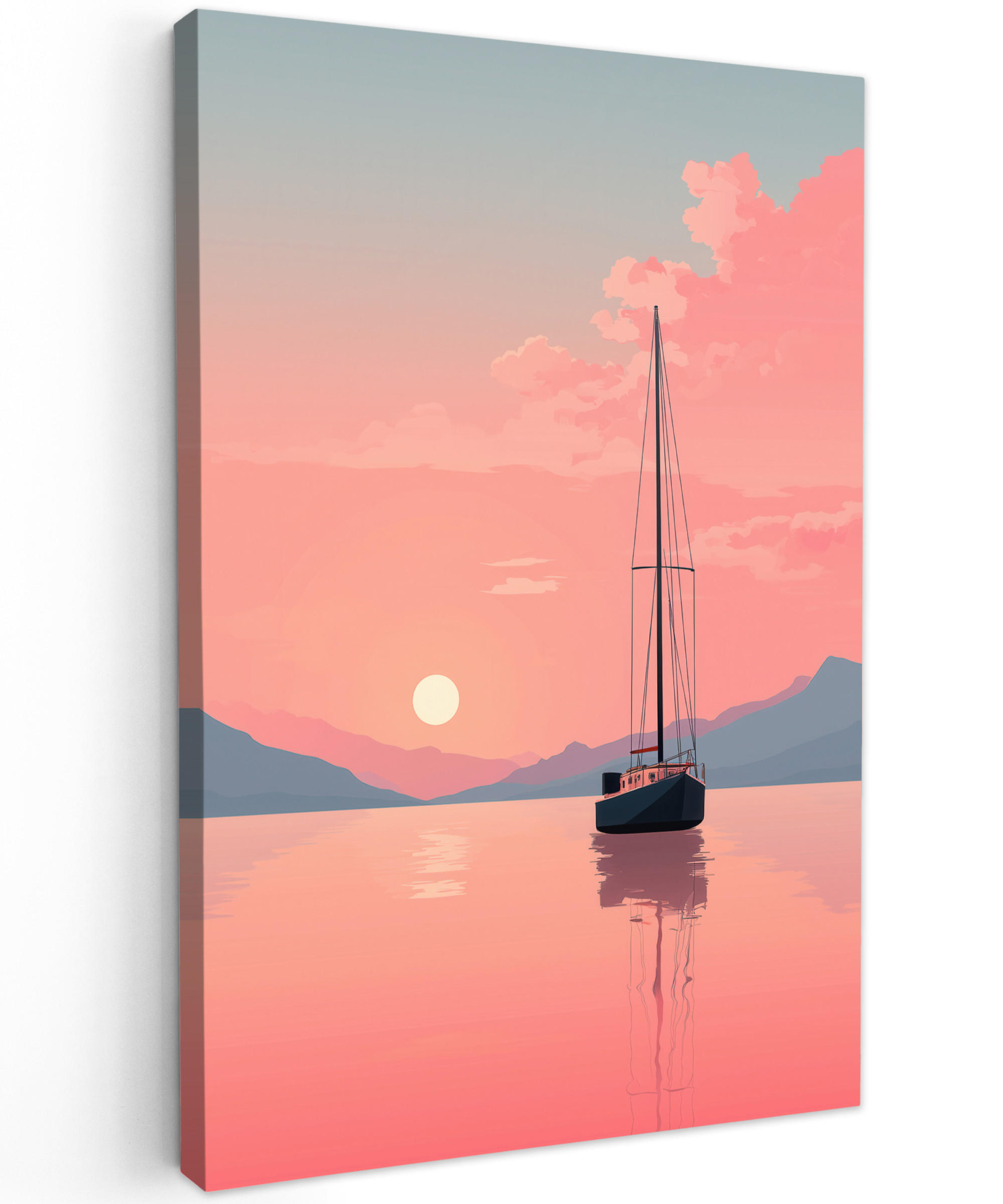 LEINWANDBILD Segelboot - Rosa Meer - Sonnenuntergang - Berge Deko Groß 90x140 cm - Rosa, Textil (90/140cm) - MuchoWow