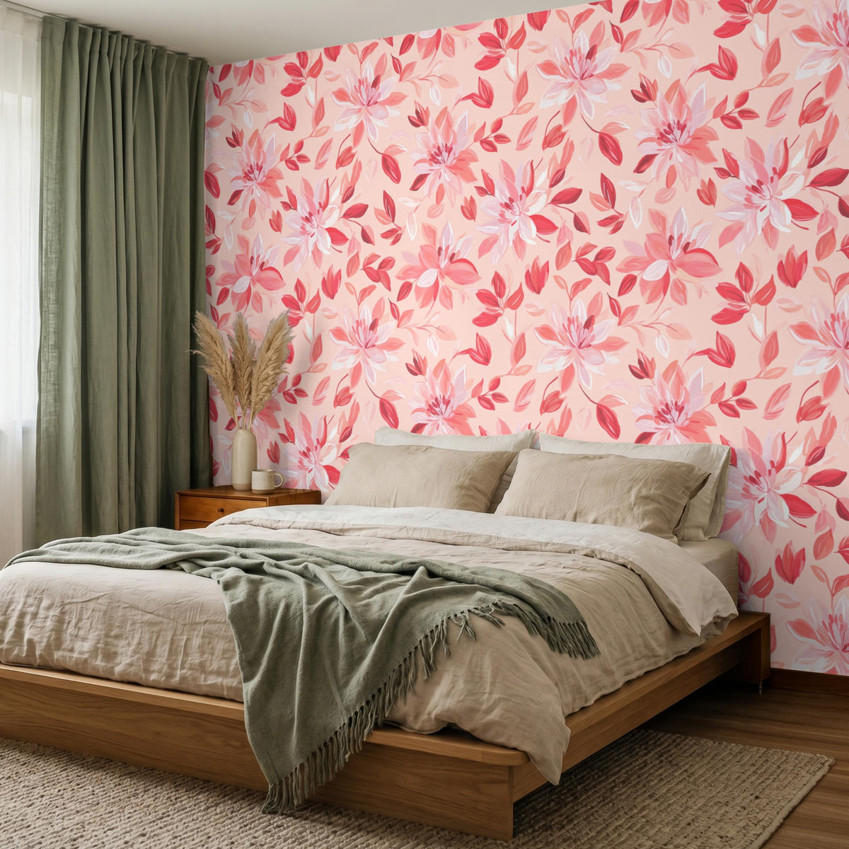 TAPETE - Botanisch - Blumen - Rot - 240x200 cm - Koralle, Papier (240/200cm) - OnlyWow