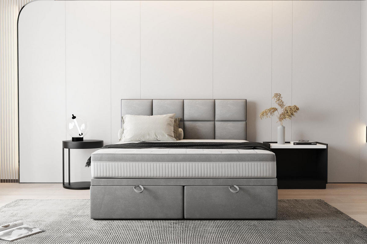 BOXBETT 140 x 200 cm mit Taschenmatratze TROPEA, Bettkasten und Gasöffnungsmechanismus und gepolsterte Kopfstütze, Grau - Grau, Holz/Kunststoff (140/200cm) - Trada