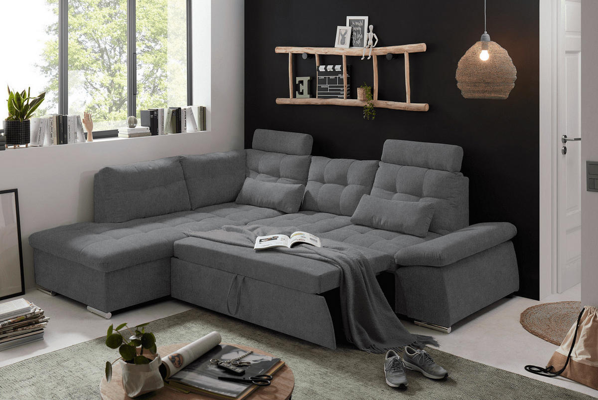 ECKSOFA mit Schlaffunktion, verstellbare Armlehne und Kopfstützen - Chromfarben/Anthrazit, Textil (260/219cm) - ed exciting design