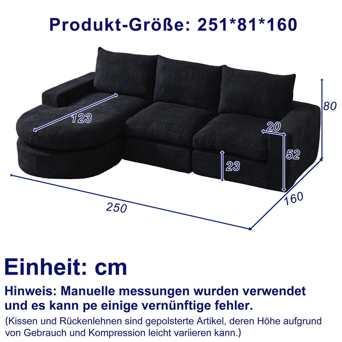 ECKSOFA aus Chenille Schwarz mit verstellbarer Chaiselongue, 4 Modulen und ohne Montage - Schwarz, Textil (250/160cm) - Modfu