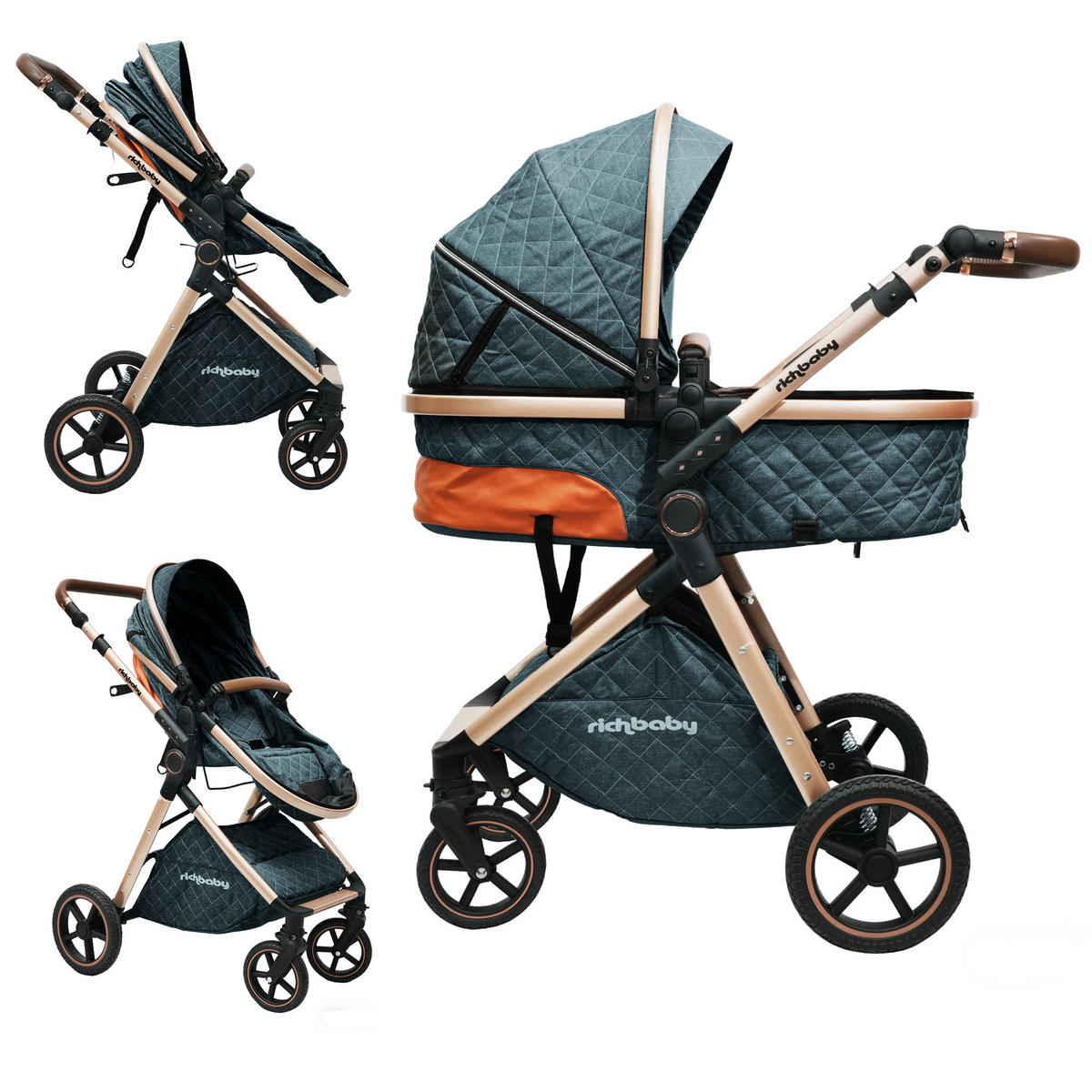 BUGGY Kombikinderwagen 2-in-1 mit wendbarer Sitzeinheit und All-Terrain-Federung - Blau, Metall (80/62/106cm) - Raelunyi
