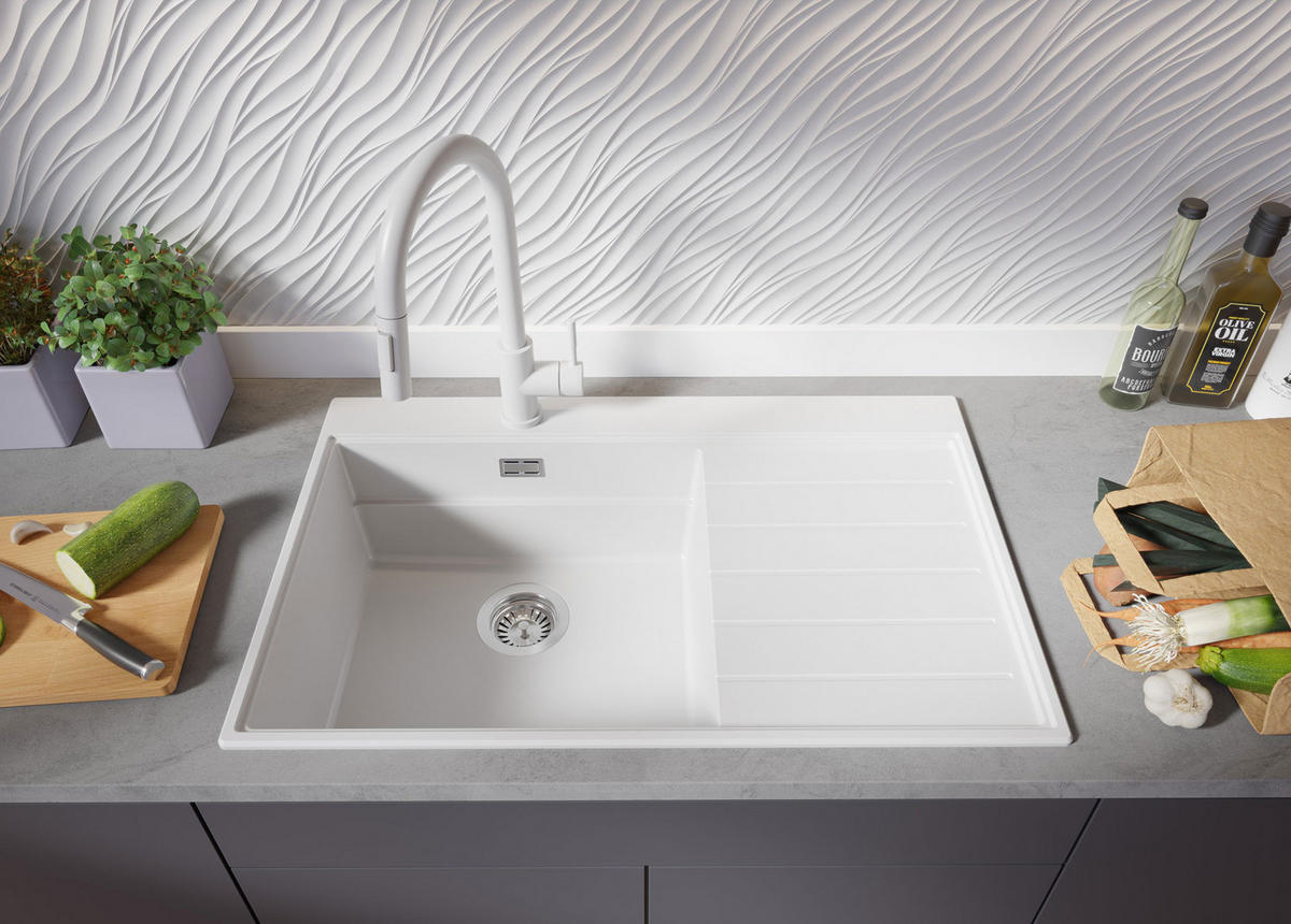 SPÜLBECKEN Sydney, 2-er set Weiß 78/50 cm 1 Becken + Ablauf-Set + Küchenzubehörset ab 50er Unterschrank - Chromfarben/Beige, Kunststoff (78/20/50cm) - Primagran